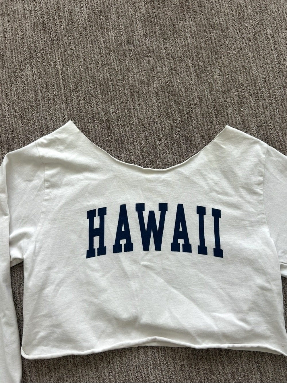 Brandy Melville White Off-Shoulder Cropped Top with Navy 'HAWAII' Print